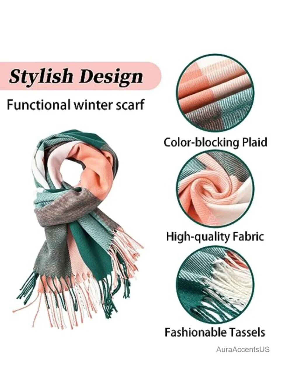 Oversized Plaid Winter Scarf for Women Soft Warm Shawl Wrap with Tassels